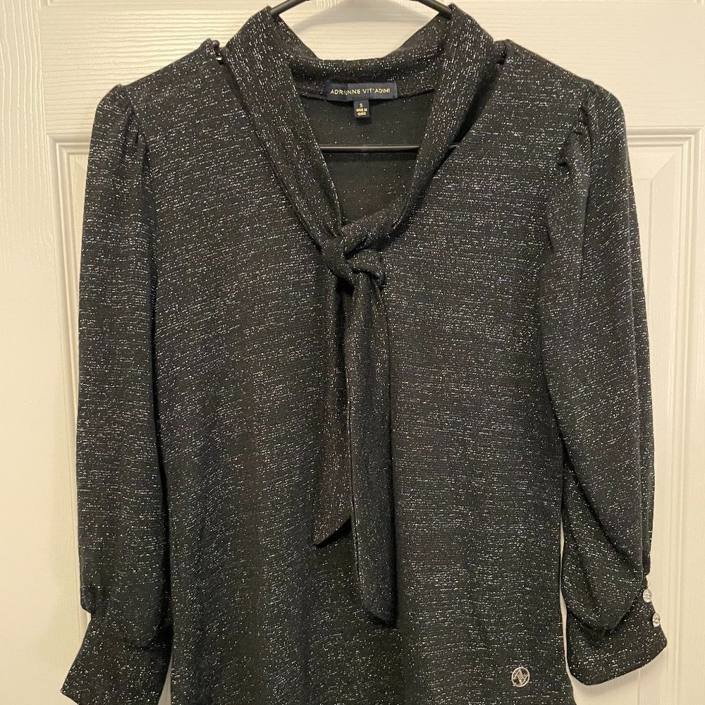 Adrienne Vittadini Bow Tie Neck Blouse Long Sleeve - Gray Shimmer Medium